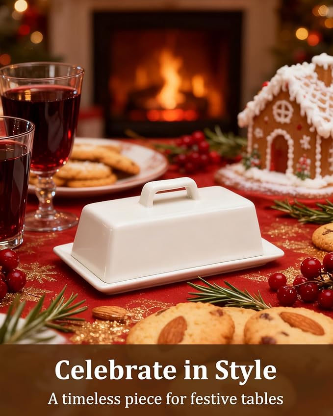 Yedio Porcelain Butter Dish with Lid and Knife for Countertop Refrigerator，White Ceramic Covered Butter Holder with Handle for East West Coast Butter Stick, Dishwasher Safe