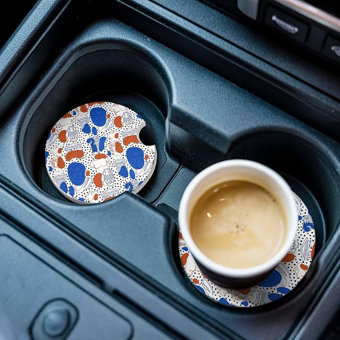 Pop Art Style Car Coasters Pack of 2 Blue Red Classical Sculptural Heads Polka Dot Absorbent Ceramic Car Cup Holder Coaster Insert Drink Holder SUV Interior Accessory with Finger Notch