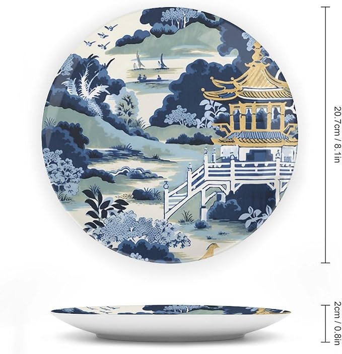 Blue And White Chinoiserie Pagoda Ming Toile Asian China Plates for Display Display Wedding Supplies Art Decoration Festival Holiday Party Decorations Personalized Gifts for Men Women Anniversary