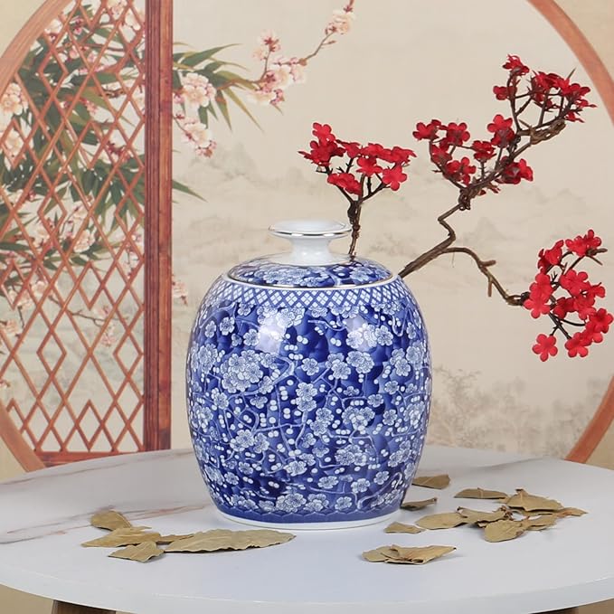 Traditional Chinoiserie Round Ginger Jars Blue and White Porcelain Series Ceramic Storage Jars with Sealed Lids,for Home/Kitchen/Dining Table Decoration (Melon Jar)