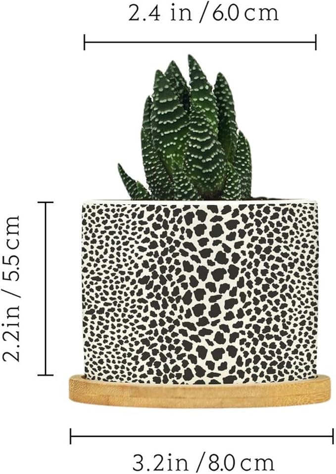 Leopard Print Planters Ceramic African Animal Stripe Round Plant Pot with Drainage Holes and Bamboo Tray Pot for Home Office Desk Garden