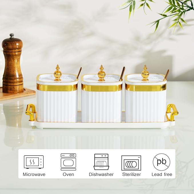 3 Pack Gold Condiment Spice Jars with Lids, Spoons, Tray - Plastic Seasoning Box Set for Salt, Pepper, Sugar - Kitchen Storage