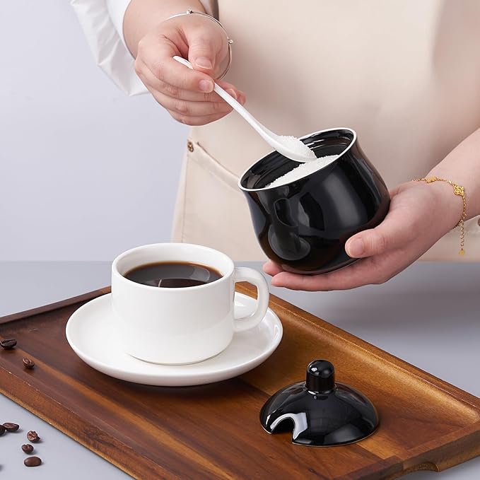 Ceramic Sugar Bowl with Lid and Spoon, Black Porcelain Sugar Salt Pepper Storage Jar, 12 Ounces