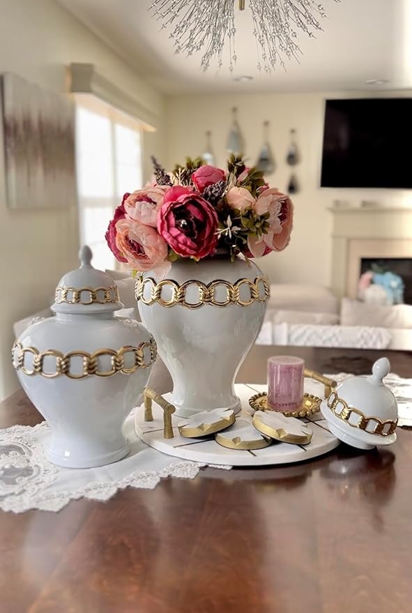 Noori Home - 100% Modern Glam Artisan Ceramic SOPH Small White/Gold Ginger Jar Urns with Lid