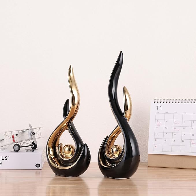 Abstract Ceramic Modern Sculpture, Knick Knacks Statues for Living Room, Shelf, TV Stand, Coffee Table, Dining Room, Office, Bedroom, Home Decor, Centerpiece, Great Gift Idea (Black Gold)