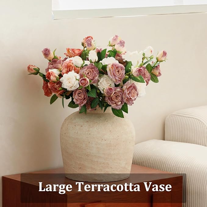 Large Ceramic Vase, 11" Rustic Farmhouse Terracotta Vase for Home Decor, Artisan Decorative Flower Vase for Living Room, Table Centerpiece, Bedroom (Terracotta Beige)