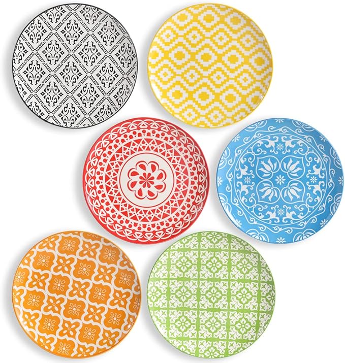Dessert Plate Set of 6-8 Inch Ceramic Salad and Appetizer Plates - Vibrant Mix-and-Match Colors - Dishwasher and Microwave Safe