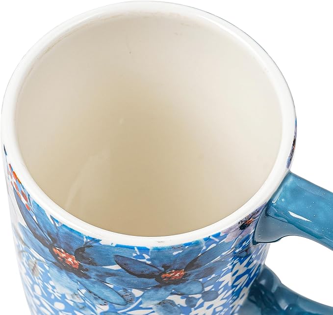 DUSVALLY Ceramic Tall Coffee Mug, Friends Coffee Cup Gift Set, Travel Mug with Lid for Office and Home, Unique Gifts for Women and Man, Flower Mug, Color Box, 17oz Large Cup, Blue