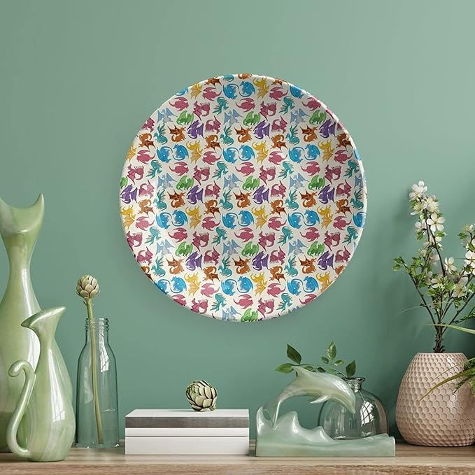 XISUNYA 7 Inch Decorative Plate, Dragon Ceramic Craft, Cartoon Children Animal Pattern Colorful Dragons Print Ceramic Wall Hanging for Home & Office Wall Hanging Decor