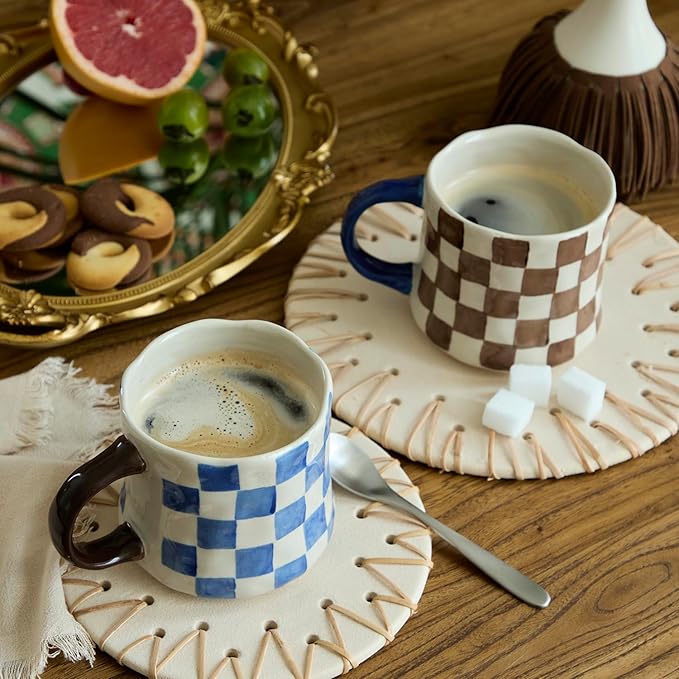 Retro Checkered Ceramic Coffee Mug 16Oz - Extra Large Handle, Microwave Safe Vintage Patterned Tea Cup for Home-4pack