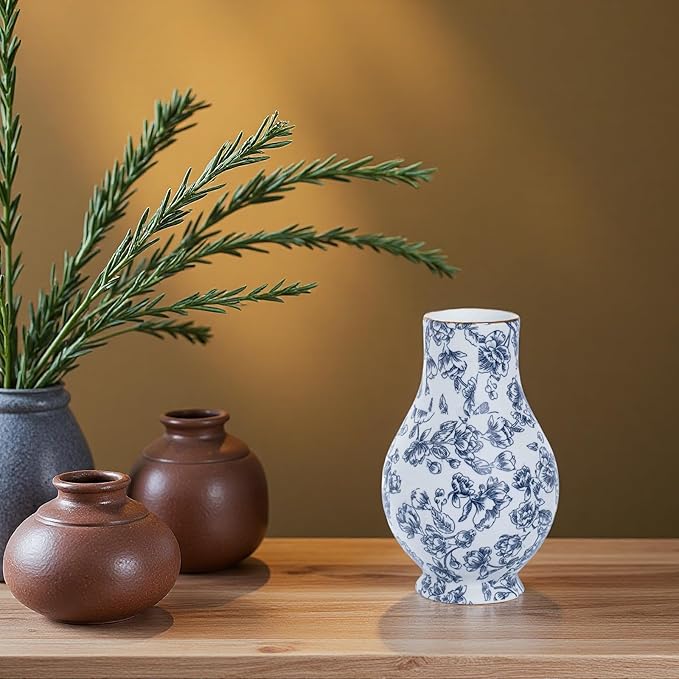 9in Blue and White Chinoiserie vase - Vintage Ceramic Flower vase with Antique Design, Perfect for centerpieces or Kitchen Accents.Chinoiserie Porcelain Decor