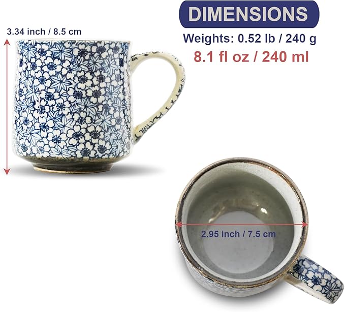 Nostalgic Mino Ware Ceramic Sometsuke Small Mug Cup - Japanese Crafted, Floral Pattern, Comfort Grip Handle, For Coffee and Green Tea or Soup, Matcha Tea, Gift Box Included (Kyokomon)