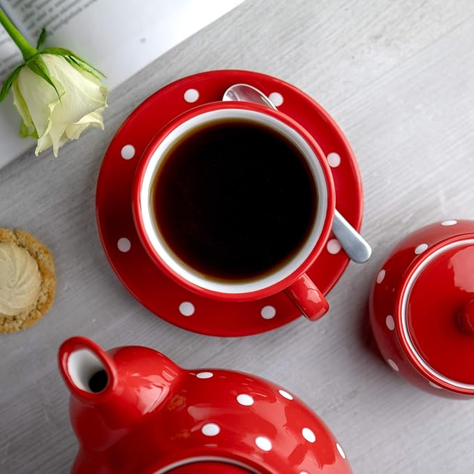 City to Cottage Handmade Red and White Polka Dot Large Ceramic 12oz/350ml Cappuccino Coffee Tea Cup and Saucer, Unique Designer Pottery Gift for Tea Lovers
