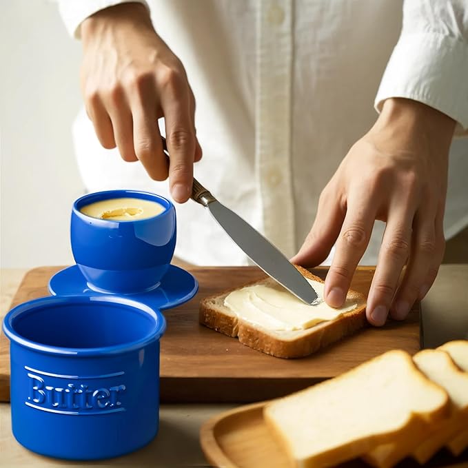 Premium Butter Crock with Lid - Original Design French Butter Dish - Beautiful Ceramic Butter Keeper for Counter with Water Line - Perfect to Keep Butter Soft and Spreadable - Dark Blue