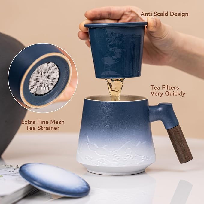 Ceramic Tea Mug with Infuser & Lid, 15oz Kiln-Transformed Unique Cup – Nature's Artisan Design, Loose Leaf Tea Cup with Infuser, Insulated Ceramic Coffee Mugs with Lid, Gift for Women/Men
