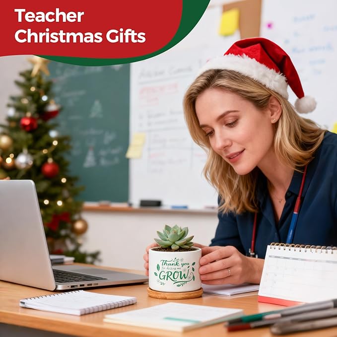 T4U Thank You for Helping Me Grow, 1 Pack Thank You for Helping Me Grow Gift for Teacher, Mini Succulent Pots for Plant Lovers,Thanksgiving Teacher Gift, Small Cactus (3.5 Inch)