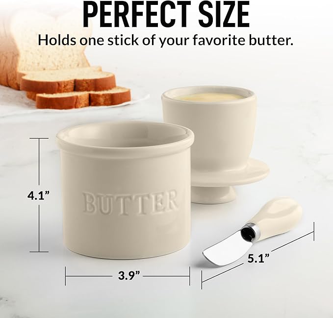 Zulay Kitchen Bell Shaped Butter Crock with Lid for Countertop with Water Line & Spreader Knife, Ceramic French Butter Dish Keeper For Fresh, Soft & Spreadable Butter - Ivory