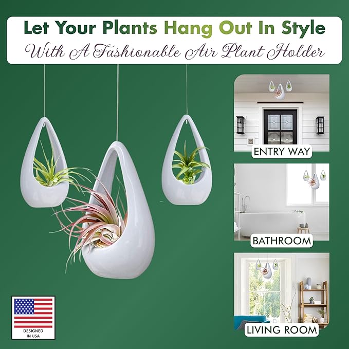 23 Bees, Hanging Air Plant Holder, White Hanger Ceramic Planter, Small Floating Succulent Pots Container, Cactus Holders with Metal Wire, 3 Pack