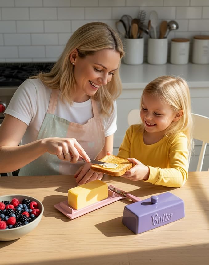 TEATALK Ceramic Butter Dish with Lid and Knife - Large Butter Holder, Farmhouse Style, 8-Inch Porcelain Butter Keeper with Scraper Edge, Purple & Pink