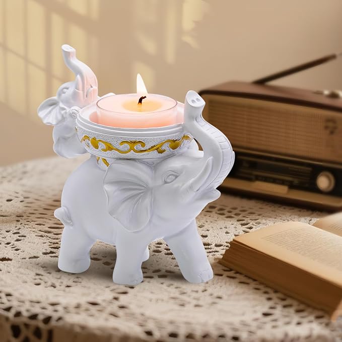 Elephant Candle Holder Cute Elephant Decor for Home, Living Room, Candlestick Gift for Girl Women Elephant Lover Choice (Elephant White)