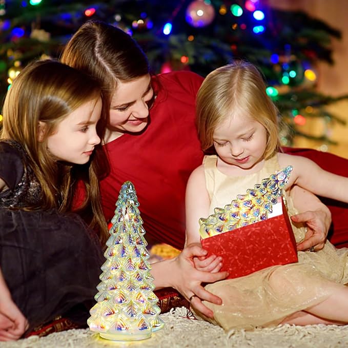 VCUTEKA Small Tabletop Christmas Tree with Light White Mercury Glass Christmas Tree Battery Operated Mini Xmas Tree for Fireplace Bathroom Table Xmas Holiday Decor 8" 12", Set of 2