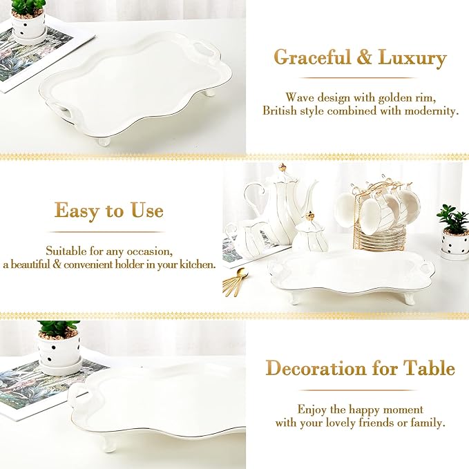 DUJUST Porcelain Serving Tray with Handles, Luxury British Style Coffee Table Tray with Golden Rim, Beautiful Tea Tray Decor for Living Room, Easy to Use & Clean