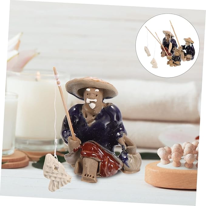 Angoily 3Pcs Miniature Fisherman Figurines Ceramic Statue for Aquariums Lovely Bonsai Landscape Decor Asian Fisherman Sculpture for Micro Landscapes and Fish Tanks
