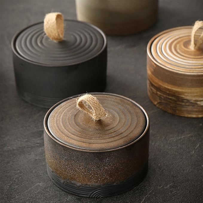 Retro ceramic storage jar - multifunctional jar for tea, coffee, and sugar - decorated kitchen container with lid (C)