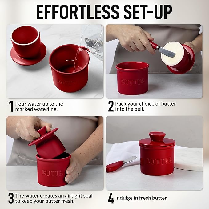 Zulay Kitchen Bell Shaped Butter Crock with Lid for Countertop with Water Line & Spreader Knife, Ceramic French Butter Dish Keeper For Fresh, Soft & Spreadable Butter - Garnet