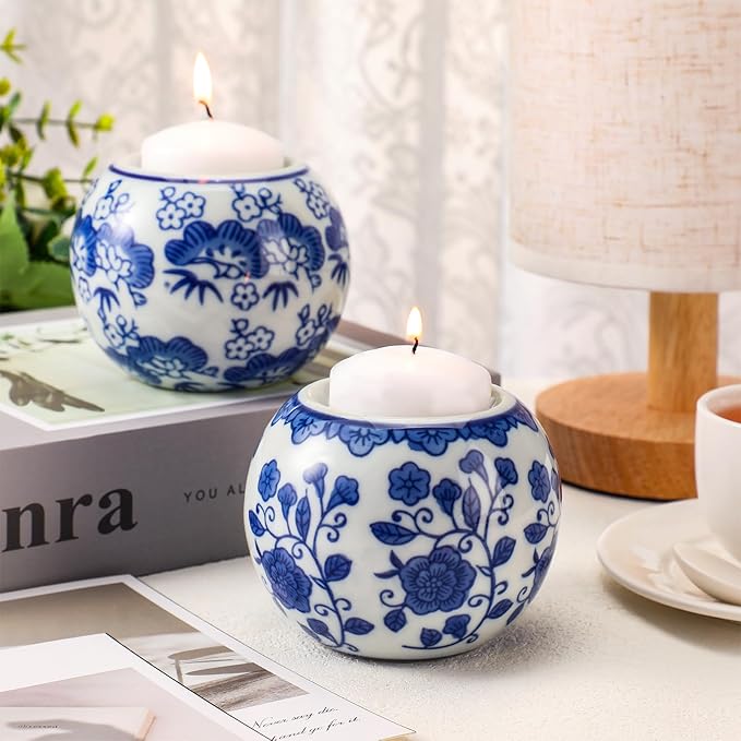 Soaoo 2 Pack Blue and White Candle Holders Chinoiserie Decor Porcelain Tealight Candleholders Votive Candle Holders for Holiday, Wedding, Party Table Centerpiece Home Decor, 1.85 x 2.75