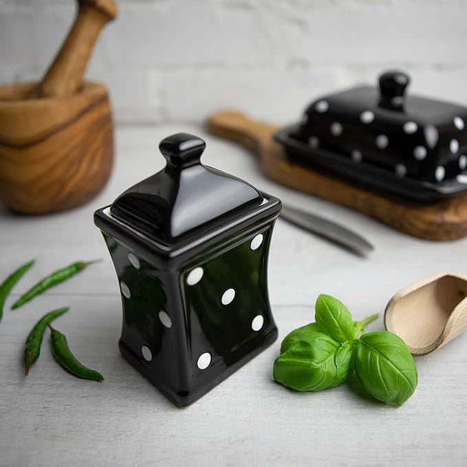 City to Cottage Handmade Small 5.3oz/150ml Ceramic Kitchen Herb, Spice, Storage Jar with Lid, Pottery Canister, Housewarming Gift (Black and White Polka Dot)