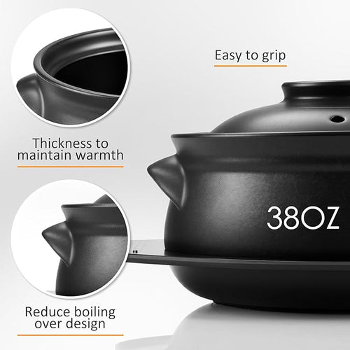 1 Pcs Korean Stone Pot Clay Cooking Pot Set Ceramic Sizzling Hot Bowl Korean Bibimbap Soup Dolsot Bowl with Lids for Ttukbaegi and Koreans Stew (38 oz)