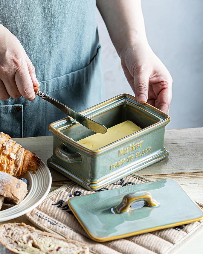 Butter Dish with Lid, Ceramic Butter Holder Container Large Butter Dish for Countertop Farmhouse Decor for Mother's Day, Butter Keeper for East West Coast Butter, Green