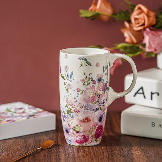 Topadorn Ceramic Travel Mugs Porcelain Latte Tea Cup Coffee Mug with Gift Box, 17oz. Pink Garden