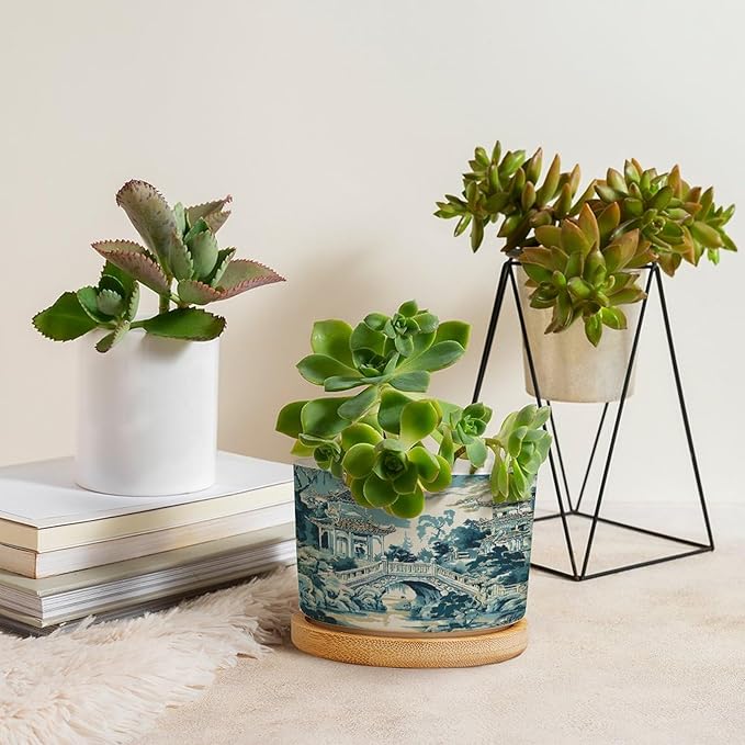 DreamAutumn Chinoiserie Blue and White Porcelain Pattern Ceramic Flower Pots,Gardening Plant Pot with Drainage Holes and Saucers Round Ceramic Pots for Indoor Plants Succulent Herbs Cactus Pots
