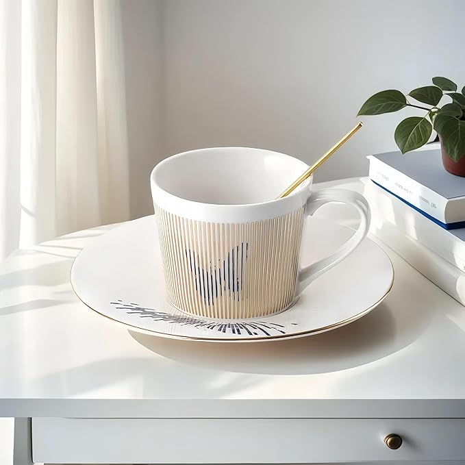 Old Craftsmen's Coffee Cup and Saucer Sets 8.45oz Unique Dynamic Mirage Reflection Tea Cup Luxury Porcelain Mirror Ceramic Mug Gifts for Cappuccino Espresso 250ml Butterfly