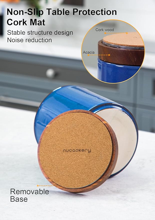 Nucookery 360°Rotating Utensil Holder, 7.2" Kitchen Utensil Crock, Ceramic Cooking Utensil Organizer with Countertop-Protection Cork Bottom for Farmhouse Kitchen Decor Christmas (Royal blue)