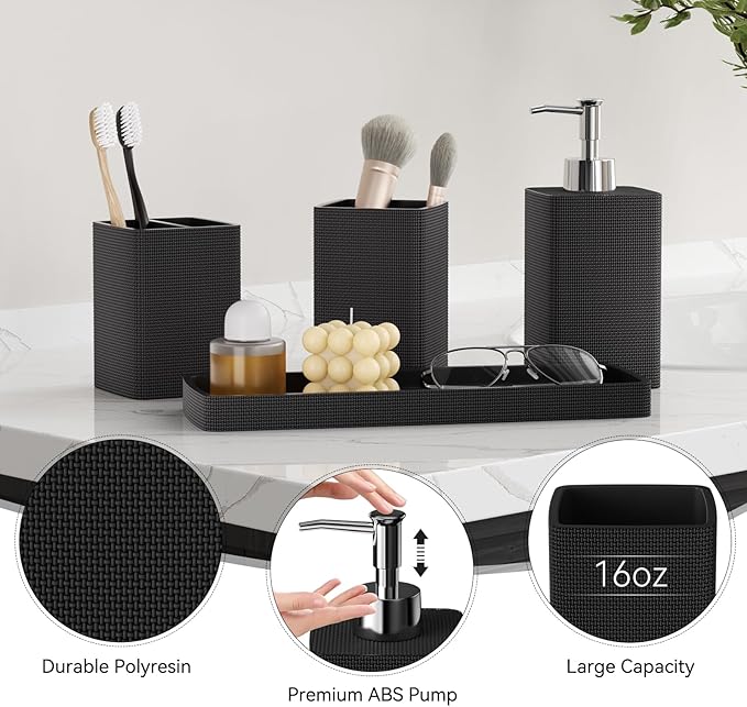 Black Bathroom Set,Black Bathroom Accessories Set with Shower Curtain and Rugs, Bath Towel Set, Natural Loofah Sponge, Soap Dispenser, Toothbrush Holder, Bathroom Tumbler and Tray for Bathroom