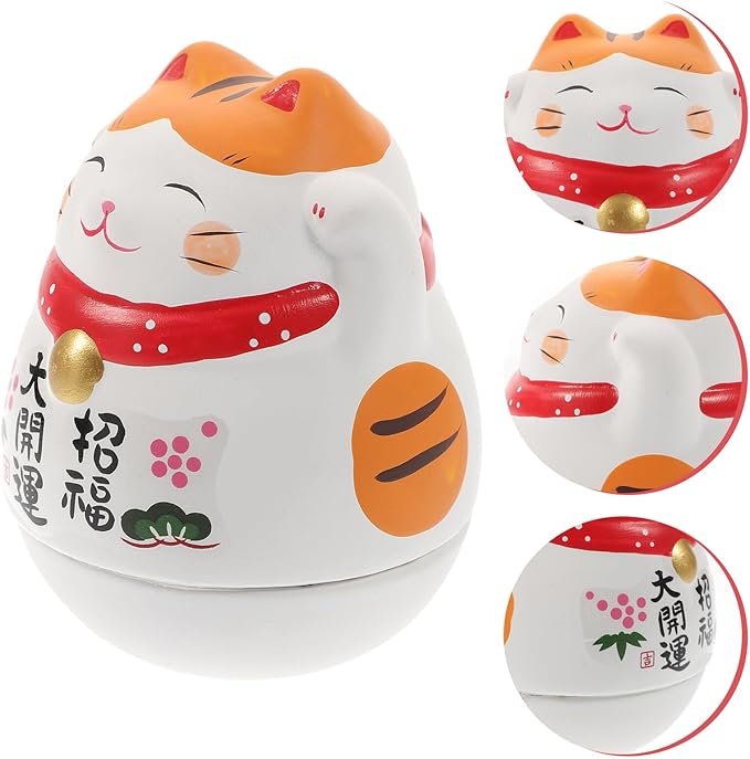 Ceramic Tumbler Cat Figurine White Lucky Cat Ornament with Orange Ears Small Desktop Feng Shui Gift for Home Office