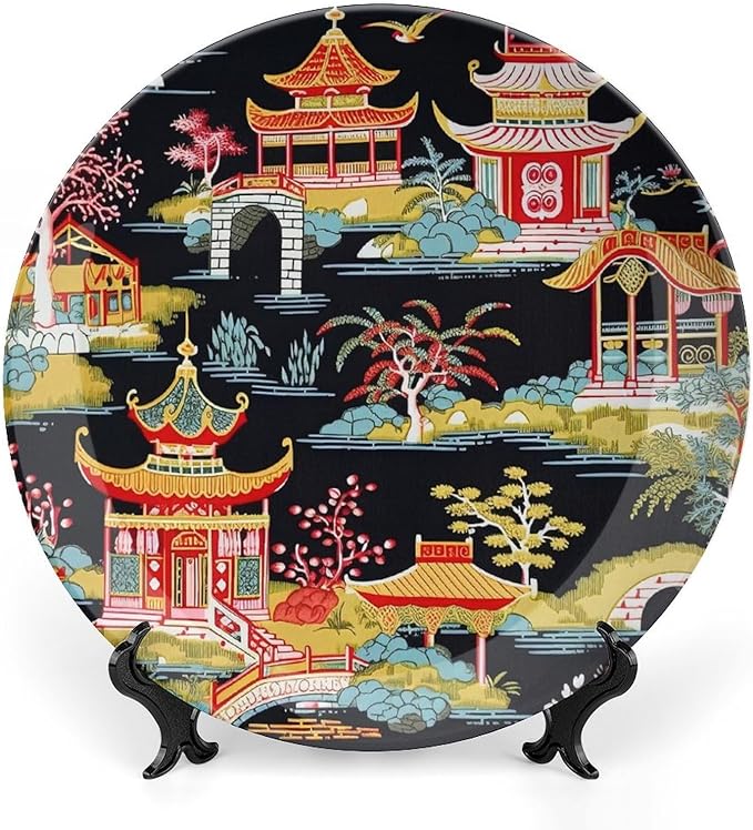 China Plates Chinoiserie Charcoal Coral Pagoda Asian Customize Decor for Wedding Farmhouse Art Decoration Kitchen Blue And White Plates with Vertical Stand, Multi Sizes, Gifts for Men Women