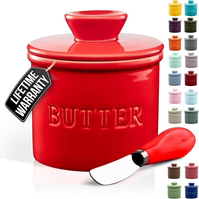 Zulay Kitchen Bell Shaped Butter Crock with Lid for Countertop with Water Line & Spreader Knife, Ceramic French Butter Dish Keeper For Fresh, Soft & Spreadable Butter - Red