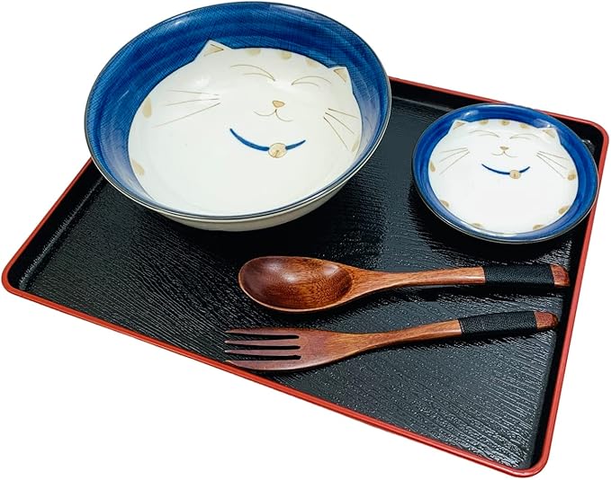 JapanBargain Set of 2 Japanese Porcelain Bowls, Large 7.5 Inch Ramen Udon Noodle Rice Soup Pho Poke Cereal Bowl, Maneki Neko Smiling Lucky Cat Pattern, Blue, Made in Japan
