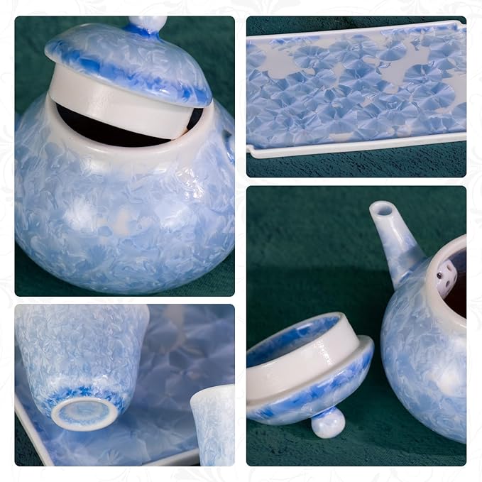 KAMMAK Tea Set for Adults Porcelain Tea Pot and Tea Cups Set,Ice Crystal Blue Japanese Ceramic Tea Cups and Saucers Set, Chinese Gong Fu Tea Set (2 Cups +1 Pear-shaped Teapot + 1 Square Plate)