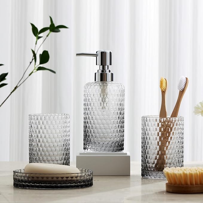 Bathroom Accessories Set, 4Pcs Clear Glass Bathroom Set, Hand Soap Dispenser, Toothbrush Holders, Tumbler, Bar Soap Dish for Modern Bath Decor Organizers and Storage Countertop Sink (Grey)