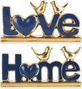 Ceramic Love & Home Sign Decor with Bird Statues Set 2,10" Modern Blue Gold Tabletop Sculptures for TV Stand,Floating Shelf & Entryway,Romantic Wedding & Warm Housewarming Gift Set (Blue)