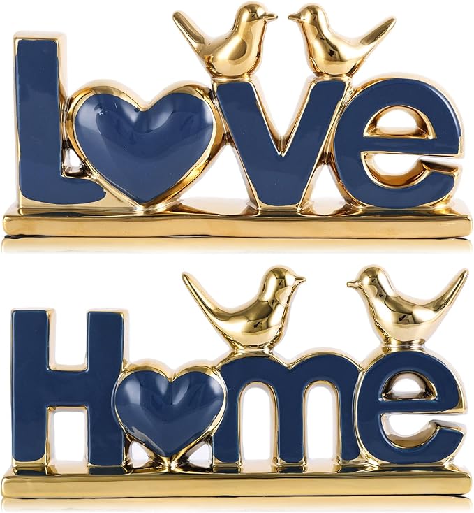 Ceramic Love & Home Sign Decor with Bird Statues Set 2,10" Modern Blue Gold Tabletop Sculptures for TV Stand,Floating Shelf & Entryway,Romantic Wedding & Warm Housewarming Gift Set (Blue)