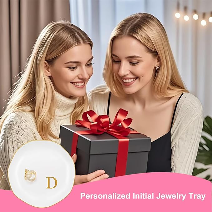 Ceramic Jewelry Tray, Personalized Initial Ring Dish, Elegant Trinket Tray for Rings Earrings Bracelet Necklaces, White Decorative Jewelry Holder for Women Vanity, 4.5 Inch, Letter D