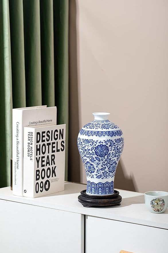 Blue and White Chinoiserie Ginger Jar Vase for Home Decor, Porcelain, 9" H