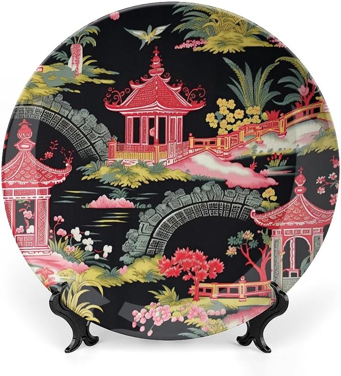 Chinoiserie Charcoal Coral Pagoda Asian Ceramic Decorative Plate, Personalized Ancient China Chinoiserie Pagoda Ceramic Display Plate, Festival Household Decorations Office, Unique Art with Stand