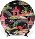 Chinoiserie Charcoal Coral Pagoda Asian Ceramic Decorative Plate, Personalized Ancient China Chinoiserie Pagoda Ceramic Display Plate, Festival Household Decorations Office, Unique Art with Stand